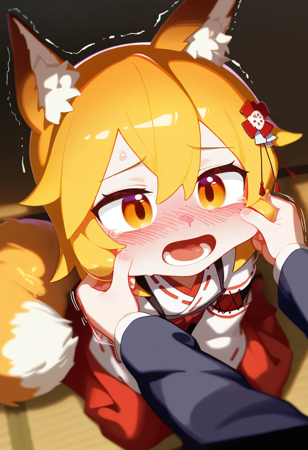masterpiece, best quality, good quality,
tianliang duohe fangdongye,
senko \(sewayaki kitsune no senko-san\), (pinching:1.2), blush, 1girl, blonde hair, cheek pinching, trembling, open mouth, orange eyes, solo focus, sitting, sweat, miko, japanese clothes, ribbon mesh sleeves, lower teeth only, long sleeves, from above, wariza, cheek pull, full-face blush, animal ears, fox ears, fox tail, hair ornament, hair flower, orange hair, short hair
<lora:illustrious_styles_v3_vpred:1>