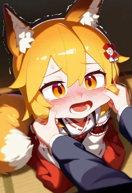 masterpiece, best quality, good quality,
tianliang duohe fangdongye,
senko \(sewayaki kitsune no senko-san\), (pinching:1.2), blush, 1girl, blonde hair, cheek pinching, trembling, open mouth, orange eyes, solo focus, sitting, sweat, miko, japanese clothes, ribbon mesh sleeves, lower teeth only, long sleeves, from above, wariza, cheek pull, full-face blush, animal ears, fox ears, fox tail, hair ornament, hair flower, orange hair, short hair
<lora:illustrious_styles_v3_vpred:1>