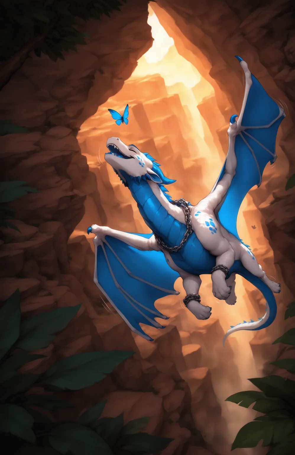 (side view:0.7), high-angle view, motion lines, 
canyon, forest, leaf, butterfly, 
solo, feral, dragon, male, scales, adzy, wings, membranous wings, 4 fingers, 4 toes, spots, cheek spots, jaw spikes, 
two tone body, white body, white scales, blue scales, blue tongue, blue wings, 
chain around neck, chain bracelet, 
(flying:1.2), closed eyes, 
BREAK masterpiece, high quality, hi res, absurd res, dramatic lighting, 
[obsceneeighteensfm, bleats, angel lazzu, (null-ghost:0.7), darknaigart, miramint::0.2],
BREAK [<lora:Adzy-NoobAI-V2:0.7>::0.3]