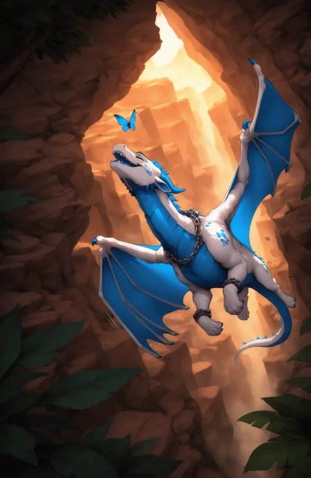 (side view:0.7), high-angle view, motion lines, 
canyon, forest, leaf, butterfly, 
solo, feral, dragon, male, scales, adzy, wings, membranous wings, 4 fingers, 4 toes, spots, cheek spots, jaw spikes, 
two tone body, white body, white scales, blue scales, blue tongue, blue wings, 
chain around neck, chain bracelet, 
(flying:1.2), closed eyes, 
BREAK masterpiece, high quality, hi res, absurd res, dramatic lighting, 
[obsceneeighteensfm, bleats, angel lazzu, (null-ghost:0.7), darknaigart, miramint::0.2],
BREAK [<lora:Adzy-NoobAI-V2:0.7>::0.3]