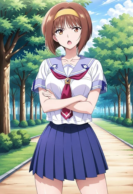 1girl, solo, MikaeMorikawa,, masterpiece, best quality, anime screenshot, brown hair, yellow hairband, medium hair, bob cut, brown eyes, serafuku, short sleeves, upper body, breasts, collarbone, pleated skirt, blue skirt, outdoor, tree, crossed arms, legs apart, standing, from side, looking at viewer, slight open mouth, thighs,