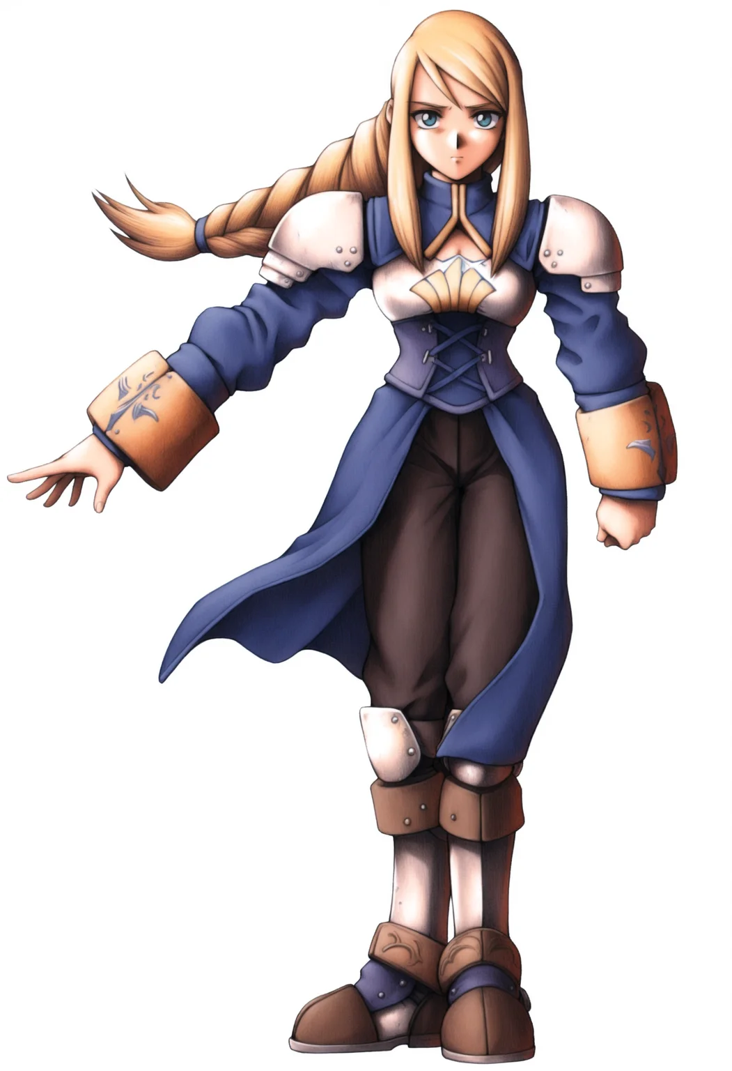 masterpiece, best quality, solo, 1girl, looking at viewer, <lora:FF7-Offical-Art-illus_Fp:1>, 1990s \(style\), simple background, white background, full body, standing, agrias oaks, blonde hair, braided ponytail, shoulder armor, armor, corset,