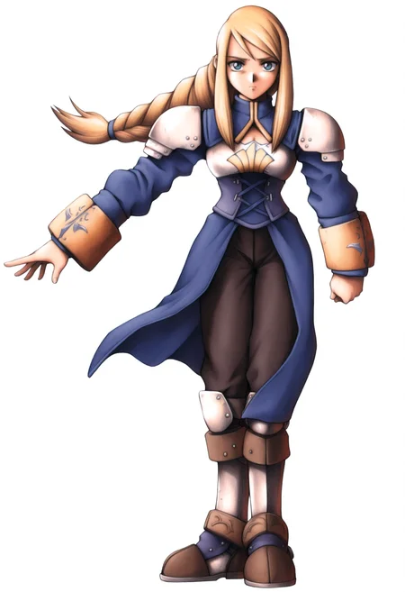 masterpiece, best quality, solo, 1girl, looking at viewer, <lora:FF7-Offical-Art-illus_Fp:1>, 1990s \(style\), simple background, white background, full body, standing, agrias oaks, blonde hair, braided ponytail, shoulder armor, armor, corset,