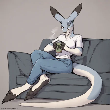 <lora:Lizet_Style_PonyXL:0.8>, lizet, by lizet, flat colors, colored sketch, score_8_up, score_7_up, score_6_up, score_5_up, score_4_up, source_furry, source_cartoon, rating_safe, anthro, shirt, coffee, jeans, beverage can, breasts, ear piercing, eyebrow piercing, facial piercing, female, furniture, holding object, looking at viewer, pawpads, piercing, pouch (anatomy), sitting, sofa, solo, kangaroo, macropod, mammal, marsupial, digital media (artwork),, detailed background, in london