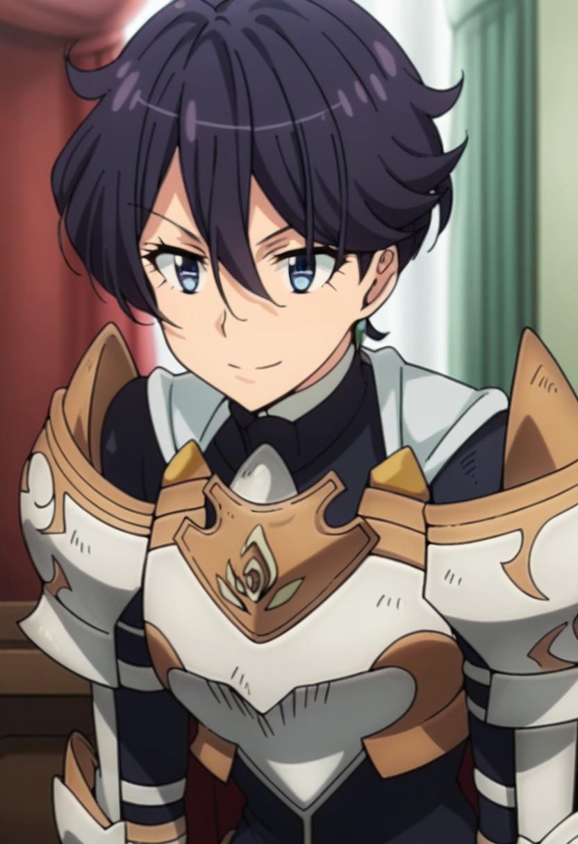 score_9, score_8, score_7, source_anime, rose knight armor, anime coloring, blue eyes, closed mouth, hair between eyes, bodysuit, smile, reverse trap, tomboy, short hair, black hair