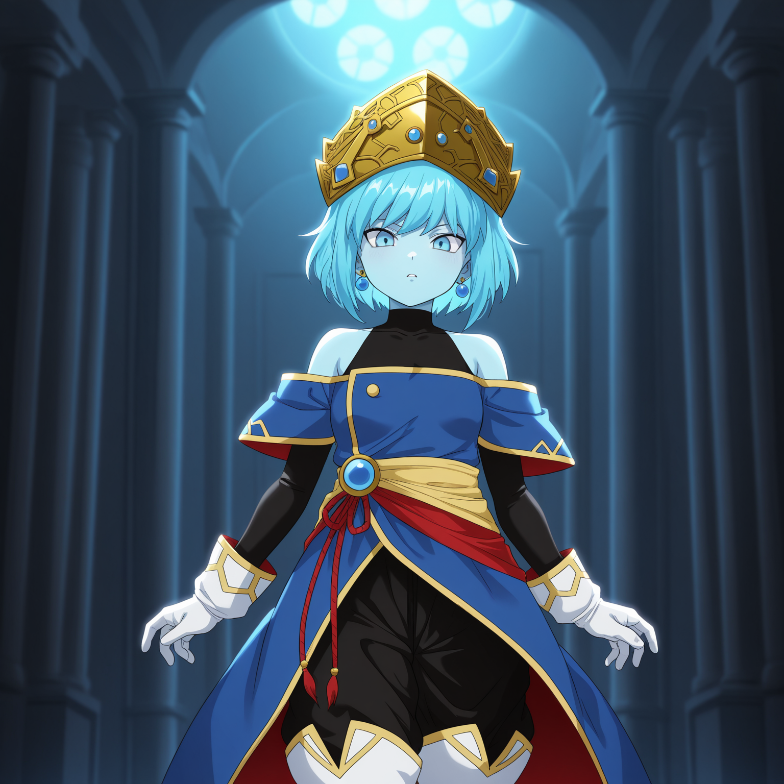 masterpiece, best quality, amazing quality, anime screencap, 1girl, solo, standing, cowboy shot, looking at viewer, <lora:AeosDB:0.9>, aeosDB, blue hair, short hair, blue eyes, blue skin, small breasts, earrings, crown, black undershirt, bare shoulders, blue off-shoulder coat, baggy pants, white gloves, white boots,