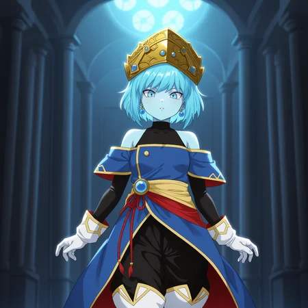 masterpiece, best quality, amazing quality, anime screencap, 1girl, solo, standing, cowboy shot, looking at viewer, <lora:AeosDB:0.9>, aeosDB, blue hair, short hair, blue eyes, blue skin, small breasts, earrings, crown, black undershirt, bare shoulders, blue off-shoulder coat, baggy pants, white gloves, white boots,