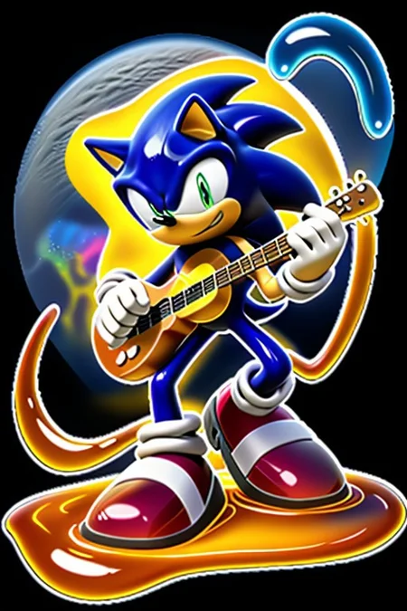 Create a vibrant, high-energy scene featuring Sonic the Hedgehog playing a guitar. Sonic is posing in a dynamic, rockstar stance, with his iconic red shoes and white gloves contrasting against the colorful, gooey slime.
The guitar is covered in a thick, translucent layer of slime-morph that's dripping and oozing down the instrument's body. The slime is a bright, electric green and is adorned with colorful, swirling patterns that match Sonic's energetic personality.
The scene is set against a bright, sunny background with a hint of a cityscape or a futuristic landscape. The atmosphere is lively and energetic, with bold, dynamic lines and vibrant colors that match Sonic's speed and personality.
The image should have a stylized, cartoonish feel with bold lines, vibrant colors, and a sense of dynamic movement. Sonic and the slime guitar should be depicted in a fun, exaggerated manner, with a focus on conveying energy, excitement, and rockstar attitude.