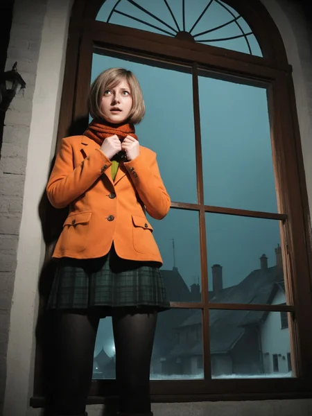realistic,photo,cinematic,
<lora:Ella_Freya_v1_biglust:1>(ellfrya:1.2),orange jacket over sweater,adult,(ashl hair:1.2),scarf,black (pantyhose:1.2),long brown boots,green skirt,turtleneck,
none,night,inside,village outside window,from below,standing pose,scared
mystical,dystopian,horror \(theme\),resident evil 4 \(remake\), best quality,