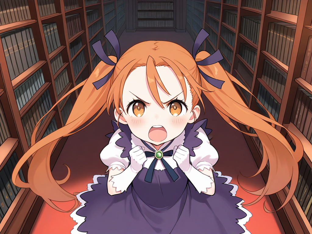 masterpiece, best quality, good quality, <lora:Aliese_Martini_IS:1> Aliese_Martini, 1girl, solo, twintails, long hair, brown eyes, hair ribbon, orange hair, brown hair, short stack,
 1girl, solo, blonde hair, gloves, dress, yellow eyes, elbow gloves, open mouth, ribbon, blush, purple dress, puffy sleeves, looking at viewer, short sleeves, white gloves, angry,
library,
