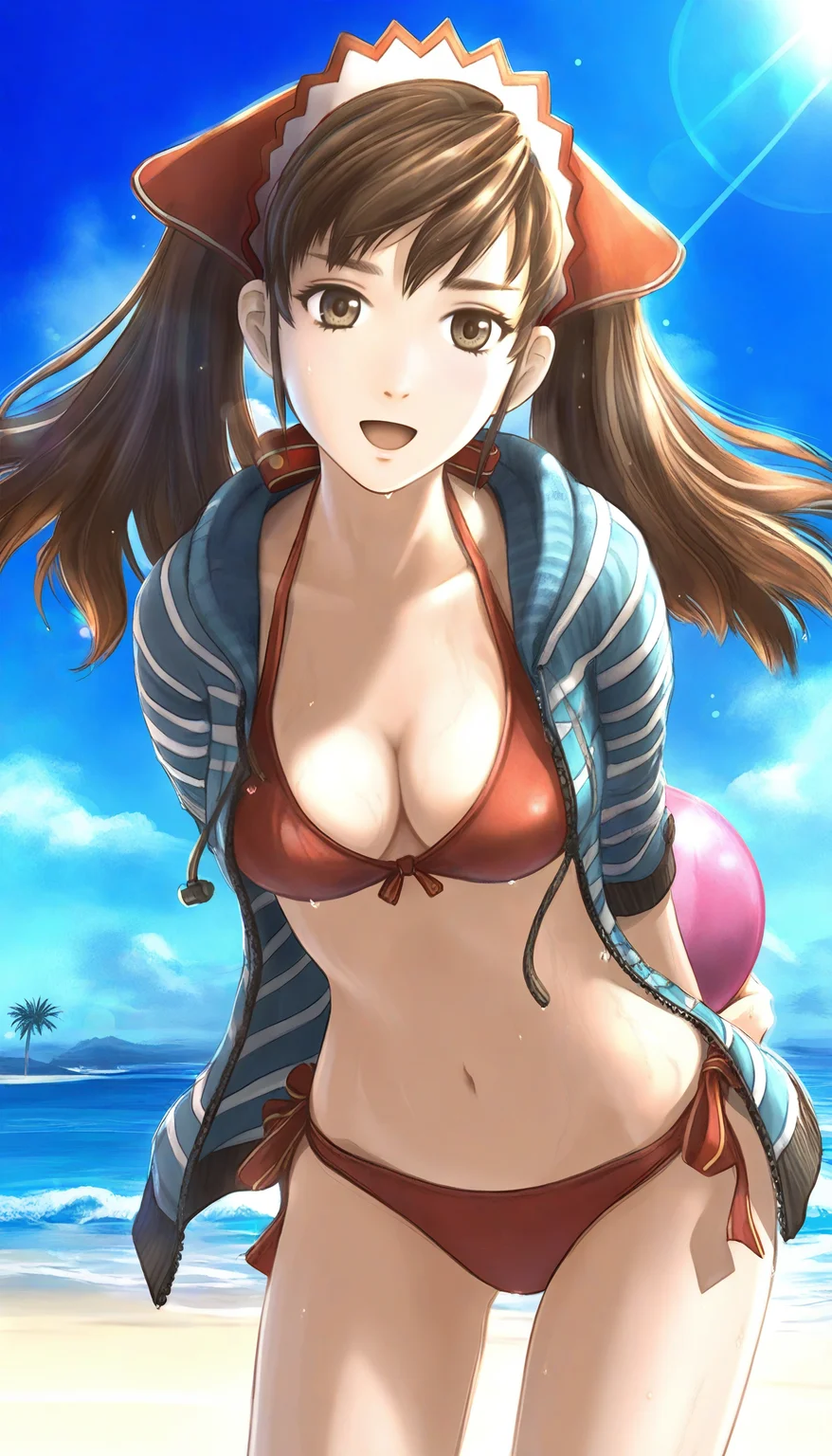 masterpiece,best quality,amazing quality,
<lora:aliciamelchiottNAI:1>,aliciamelchiott,
1girl,solo,brown hair,twintails,bangs,brown eyes,headdress,blue and white striped hoodie,open clothes,red ribbon bikini,red bikini bottom with dotted ribbon,wet skin,cowboy shot,facing aside,leaning forward,looking at viewer,open smile,green wristband,holding a pink ball behind back,outdoors,beach,blue sky,cloud,sea,palm tree,lens flare,