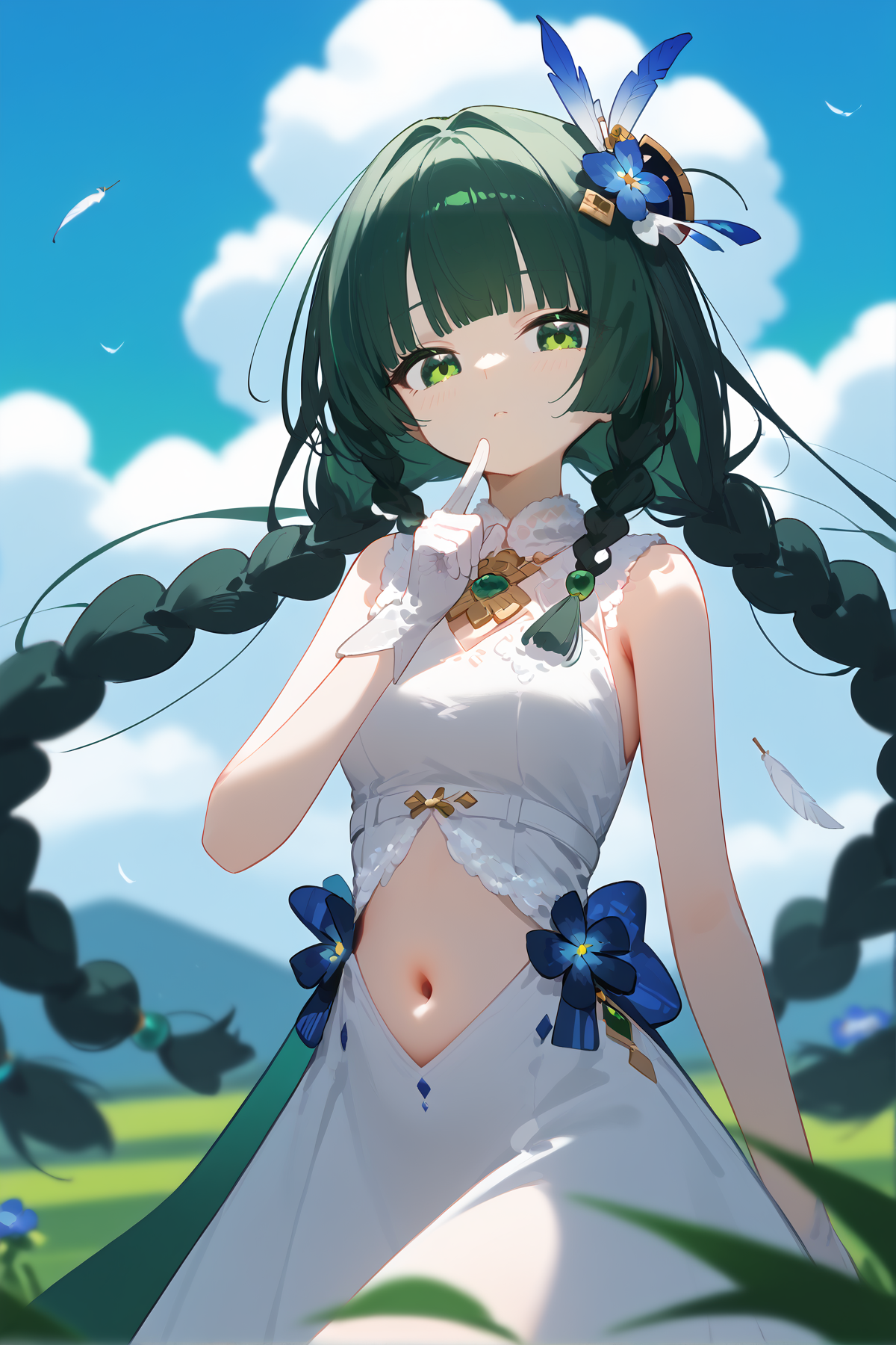 score_9, score_8_up, score_7_up, score_anime, nai3, <lora:YLI 0.1v:0.5>, <lora:style1:0.5>, 
8k, best quality, masterpiece, (ultra-detailed),  
<lora:qinyi-pony-Tanger:0.8>, qinyi, 1girl, solo, green hair, green eyes, navel, long hair, bangs, 
qinyi, 1girl, solo, dress, outdoors, gloves, braid, white dress, black hair, white gloves, sky, looking at viewer, sleeveless dress, bangs, day, official alternate costume, sleeveless, blue sky, cloud, twin braids, flower, blurry, blurry foreground, bare shoulders, blunt bangs, hair ornament, feather boa, blue flower, green eyes, hand up, breasts, grass