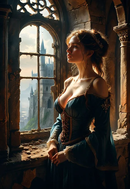 ((masterpiece, best quality, high quality, highres, ultra-detailed)), (oil painting:0.1),  (best quality, 8K, high resolution, extreme detail, outstanding composition:1.4), art by Jeremy Mann, dramatic light, aesthetic of hard - edge painting:0.1), a low-key digital painting depicting woman in her castle. The room is dusty, with rays of light cutting through the gloom, creating a moody atmosphere, she watches city siege from a window in her castle, her expression both powerful and contemplative. The room is detailed, with intricate medieval architecture and subtle hints of luxury and decay. Her breasts are exposed, she's showing her perfect round breasts to someone out of view. Wellingtons, full body, oil on canvas, (ivan aivazovsky:0.1), (best quality, high resolution, extreme detail, outstanding composition, masterpiece:1.4), award winning, (aesthetic of conceptual art with volcanic atmosphere:0.5), screen space reflections (ssr), absolute sharpness, f/11, symmetry and balance, distinctive breathtaking magnum with delicate details, epic shot, action shot, moody picture,