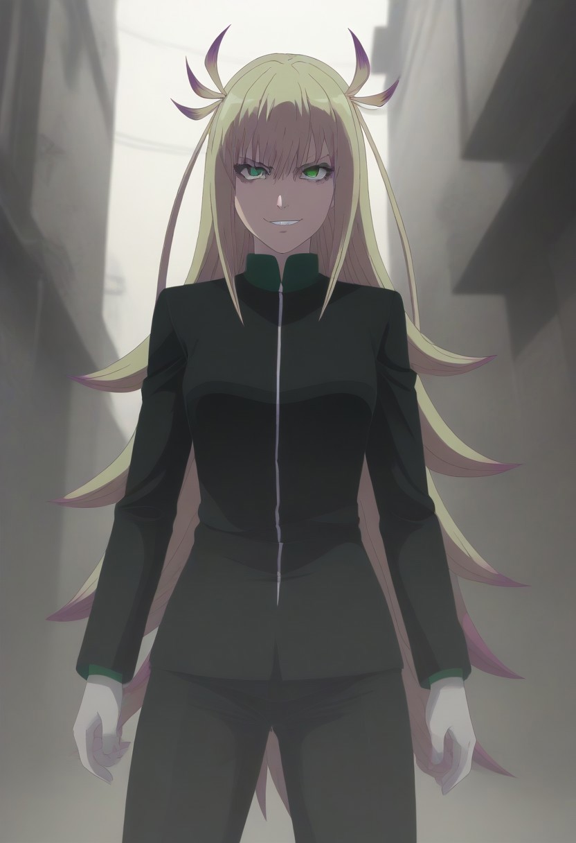 <lora:SlimesKanonIsui:1>, slimes_kanonisui, woman, solo, green eyes, alley background, evil smirk