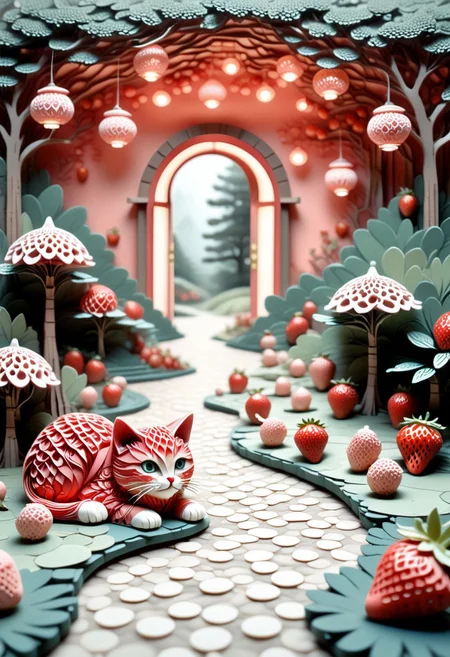 lazypos, Strawberry Teahouse is cozy teahouse nestled within a strawberry in a quiet garden, with bonsai trees, stepping stones, and paper lanterns shaped like tiny berries. A cat naps at the doorway. Muted vintage palette, overhead tilt-shift style, soft focus and glowing ambient light.
Style tags: peaceful surrealism, miniature realism, minimalist composition, clean and detailed, clear smooth lines, cozycore, strawberry fusion, bold striking strawberry red, saturated reds, Paper Quilling, Layered Paper, low-poli, voxels, voronoi, whimsical,
