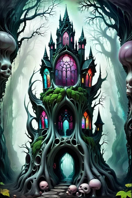 Twisted Gothic Cathedral in a Forest - A grand, gothic cathedral with exaggerated spires and stained-glass windows depicting surreal, dreamlike scenes. The cathedral is nestled deep within a dark forest, with giant, gnarled trees whose roots twist around the structure like serpents. <lora:EnvyPastelGoth02-prodigy-batch6:1> <lora:SDXLFaeTastic2400:1> <lora:Goth_SDXL_V1:1> <lora:LowBrowXL:1> <lora:GothGirlLorav0.1:1>