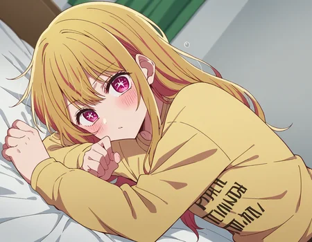score_9, score_8_up, score_7_up, source_anime,
rubyhoshino, <lora:ruby-hoshino-s1-ponyxl-lora-nochekaiser:1>,
ruby hoshino, long hair, bangs, blonde hair, pink eyes, sidelocks, symbol-shaped pupils, multicolored hair, two-tone hair,
shirt, long sleeves, sweater, clothes writing, yellow shirt,
indoors, bed, bed room, on side, blush, drunk,
looking at viewer, cowboy shot, dutch angle, solo,
