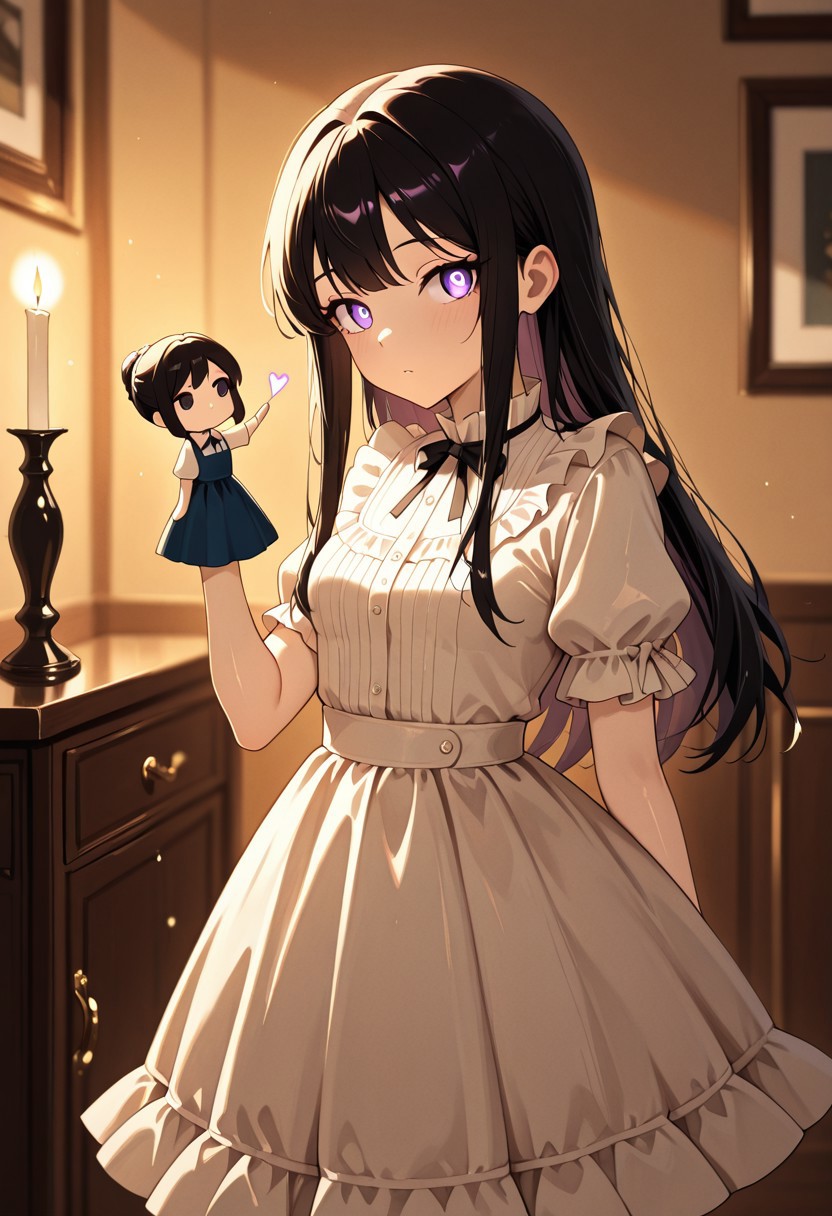 masterpiece, best quality, good quality, very aesthetic, absurdres, newest, 8K, depth of field,  in the style of cknc, artist:moriimee, in the style of cksc, 
1girl, porcelain skin, long black hair, curled, violet eyes, small breasts, perky, frilled dress, glossy skin, holding puppet, looking at viewer, from front
BREAK
victorian parlor, wooden dolls, candlelight flickering
BREAK
warm light, soft colors, high contrast, eerie shadows, rich details, unsettling vibe