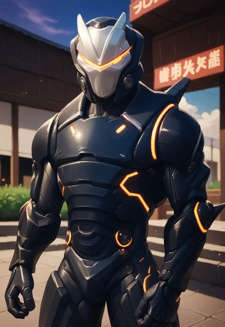 score_9, score_8_up, score_7_up, source_anime, omegafort, 1boy, solo, humanoid, mask, helmet, armor, glowing lights, mecha, looking at viewer, BREAK, outdoors