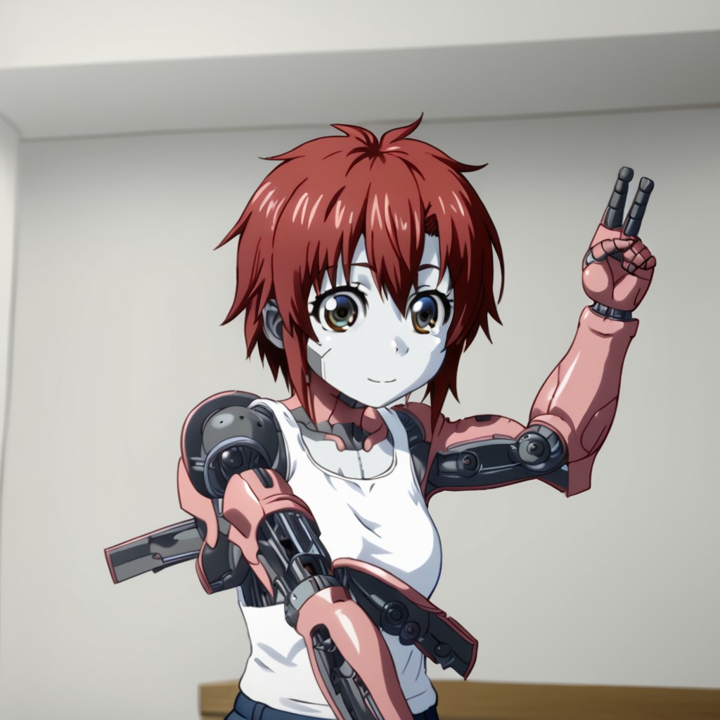 inuyashiki, 1girl, cute, red hair, cyborg arm, arm gun, solo, shirt, white skin,  upper body, tanktop, female, indoors, cyborg, arm