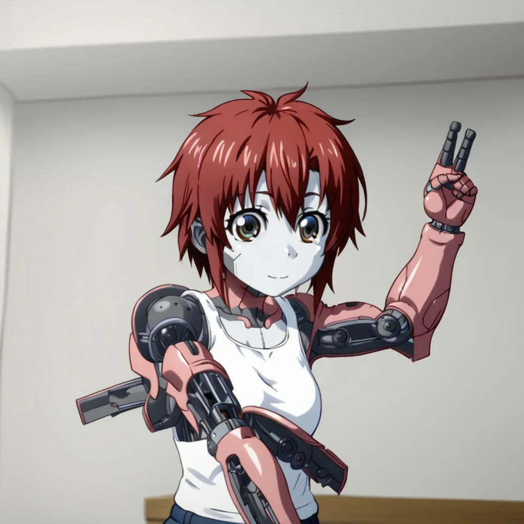 inuyashiki, 1girl, cute, red hair, cyborg arm, arm gun, solo, shirt, white skin, upper body, tanktop, female, indoors, cyborg, arm