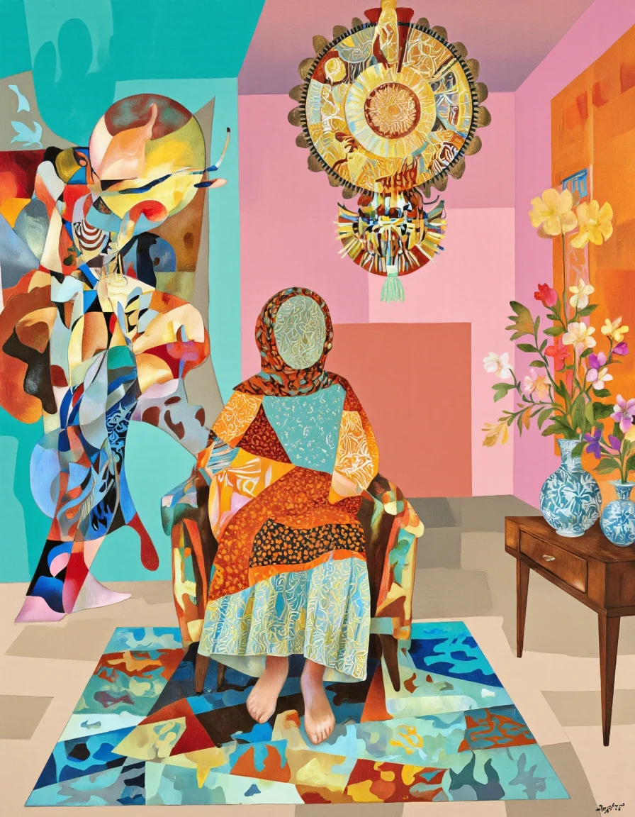 Art by Tigran Matulian. A vibrant and colorful digital illustration shoot from a front camera angle about a stylized illustration of a woman sitting in a chair with a colorful, abstract patterned fabric draped over her body, facing away from the viewer. the woman, who appears to be in her mid-twenties, is sitting in the middle of the image, wearing a long, flowing, orange and teal dress with intricate patterns and a matching headscarf. her face is not visible, but her upper body is facing the viewer, giving a sense of distance to the camera. she is positioned in the center of the frame, with her legs crossed and her feet bare. the room is decorated with a variety of abstract shapes and patterns, including geometric motifs, vibrant colors, and abstract floral motifs. on the right side of the room, there is a small table with two vases and a vase filled with colorful flowers, adding a touch of warmth and vibrancy to the scene. the background features a mix of teal, pink, and orange hues, with a large, intricate mandala-like design hanging from the ceiling and a colorful rug with geometric patterns on the floor. the overall style is reminiscent of modern art, with bold lines and bright colors that bring out the abstract patterns and textures of the fabric.