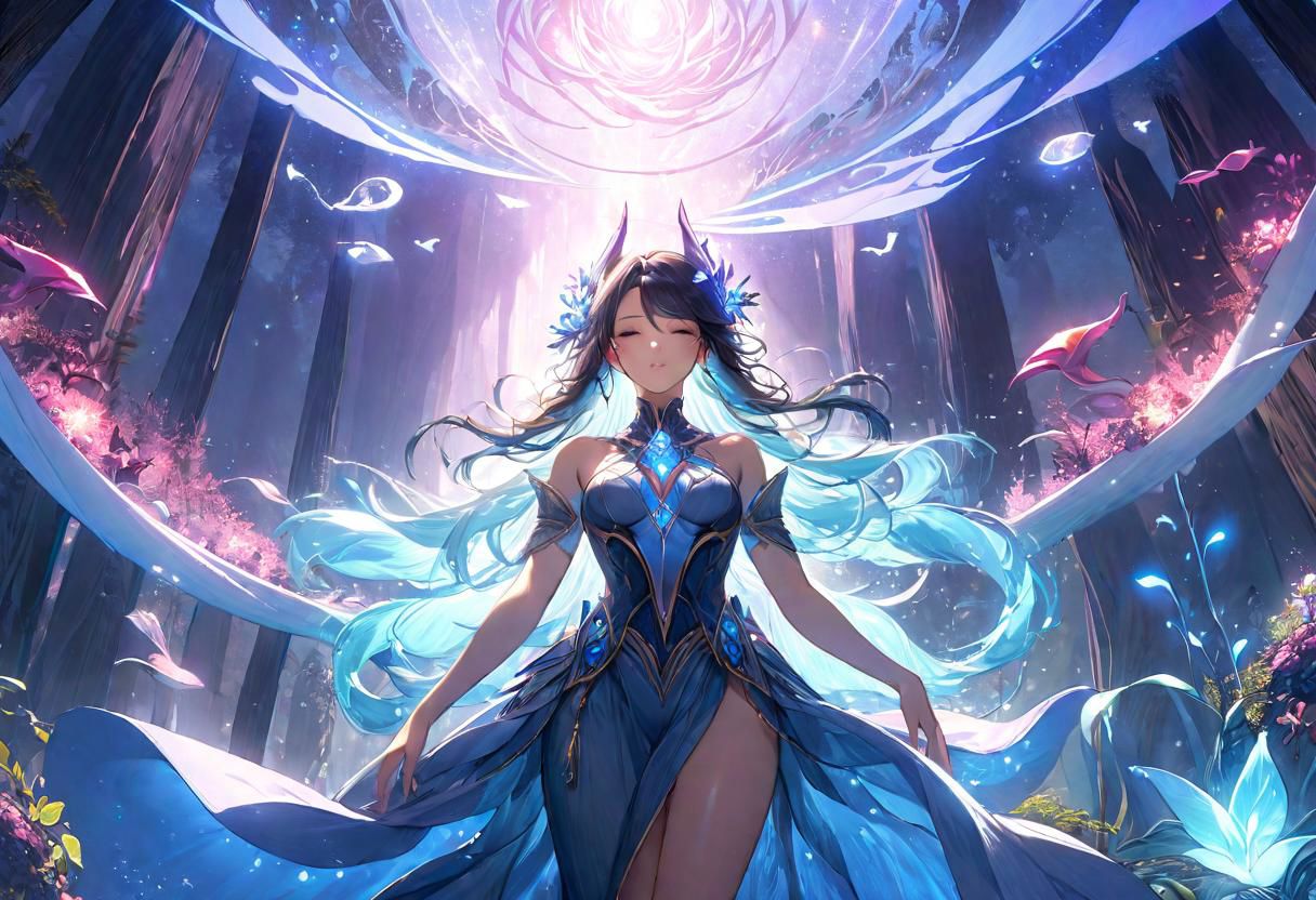 Produce a mesmerizing visual representation of 'Mystical Seduction.' Craft an alluring scene set in a fantastical landscape where mystical energies and sensuality coalesce. Focus on the interplay of soft, ethereal lighting, casting an enchanting glow over the surroundings. Integrate fantasy elements such as enchanting creatures or magical flora to heighten the allure and mystique of the artwork. Convey a palpable sense of desire through subtle and suggestive details, ensuring the overall composition exudes an irresistible charm that captures the essence of a seductive mystical encounter.