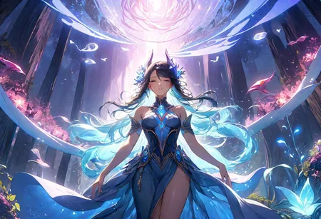 Produce a mesmerizing visual representation of 'Mystical Seduction.' Craft an alluring scene set in a fantastical landscape where mystical energies and sensuality coalesce. Focus on the interplay of soft, ethereal lighting, casting an enchanting glow over the surroundings. Integrate fantasy elements such as enchanting creatures or magical flora to heighten the allure and mystique of the artwork. Convey a palpable sense of desire through subtle and suggestive details, ensuring the overall composition exudes an irresistible charm that captures the essence of a seductive mystical encounter.
