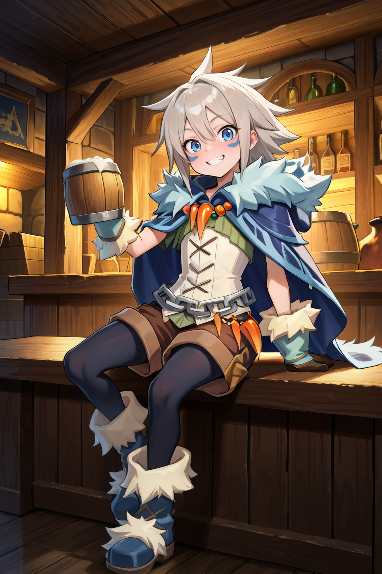 masterpiece, very aesthetic, absurdres, best quality, amazing quality, high resolution, <lora:illustrious_quality_modifiers_masterpieces_v1:0.8> , <lora:ChamIllustriousBackgroundEnhancer:0.5>,   <lora:MilanorIL:0.8> , miladef, adult male, 1boy, grey hair, spiked hair, blue eyes, blue facial mark, orange tooth necklace, fur trim, blue cloak, white corset, gloves, chain belt, brown shorts, leggings under shorts, black leggings, blue footwear, smile, sitting, tavern, bar,  interior, guild hall, looking at viewer,  full body, holding ale,