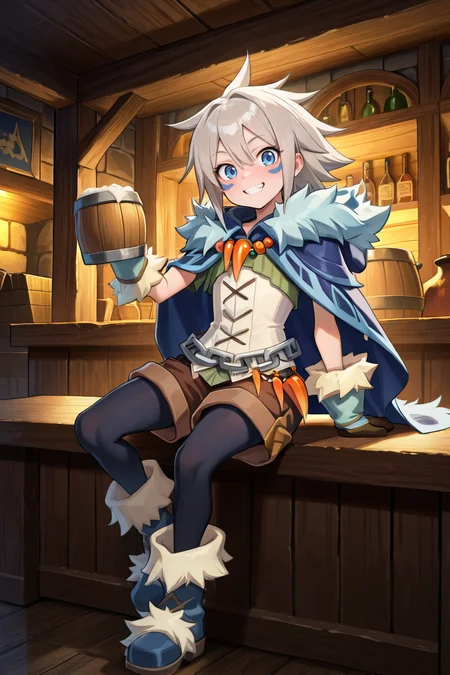masterpiece, very aesthetic, absurdres, best quality, amazing quality, high resolution, <lora:illustrious_quality_modifiers_masterpieces_v1:0.8> , <lora:ChamIllustriousBackgroundEnhancer:0.5>,   <lora:MilanorIL:0.8> , miladef, adult male, 1boy, grey hair, spiked hair, blue eyes, blue facial mark, orange tooth necklace, fur trim, blue cloak, white corset, gloves, chain belt, brown shorts, leggings under shorts, black leggings, blue footwear, smile, sitting, tavern, bar,  interior, guild hall, looking at viewer,  full body, holding ale,