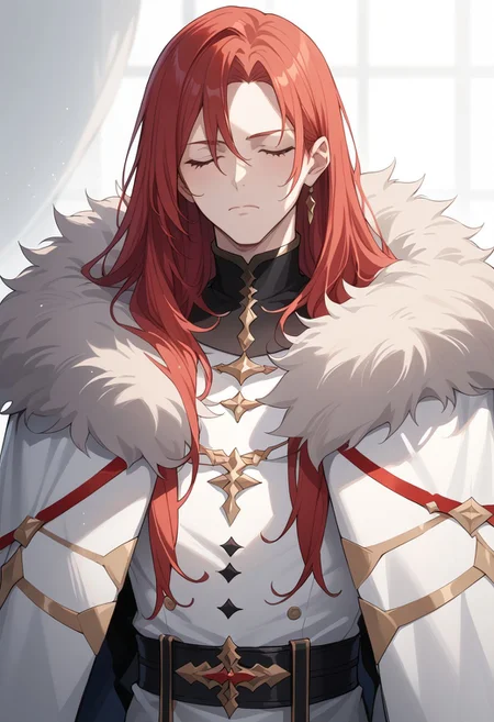 score_9, score_8_up, score_7_up,, rating_explicit, tristan, 1boy, closed eyes, red hair, solo, long hair, 1boy, closed eyes, male focus, fur trim, closed mouth, pale skin,