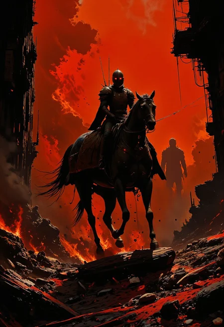 A knight wearing black armor riding a black horse riding through blood red rain, on medieval battlefield with gross hideous corpses, in the style of ck-ovf, mdnghtblckCE style