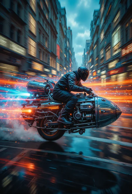 A custom-built hovercraft crafted from a repurposed aircraft turbine speeding through the neon-lit streets of a sprawling cyberpunk city. The turbine, stripped to its gleaming metallic core, hums with raw power, its thrusters glowing with an intense blue light as it hovers effortlessly above the ground. A minimalist seat is mounted atop the turbine, where a shadowy rider dressed entirely in black, including a featureless helmet, controls the vehicle with precision. The machine's rugged yet futuristic design stands out, with exposed cables and glowing energy lines accentuating its industrial aesthetic. Racing through the vibrant chaos, the craft leaves a shimmering trail of heat distortion and sparks, blending innovation with raw, unbridled speed.,d0ntst0pm3n0w, <lora:Dont_Stop_Me_Now.safetensors:0.8>, <lora:DarkCore-000003.safetensors:1.0>, <lora:midjourney_whisper_flux_lora_v01.safetensors:0.5>, <lora:Warhammer_Rogue_Trader_Style_flux-000021.safetensors:0.5>,