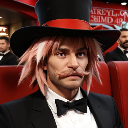 score_9, score_8_up, score_7_up, score_6_up, score_5_up, score_4_up, rating_safe,zPDXL2,mydaz,1man,portrait of astolfo \(fate\) with pink hair and hair ribbons and a moustache and a beard and a top hat and a tuxedo in a cinema, <lora:MydazExpanded:1>,