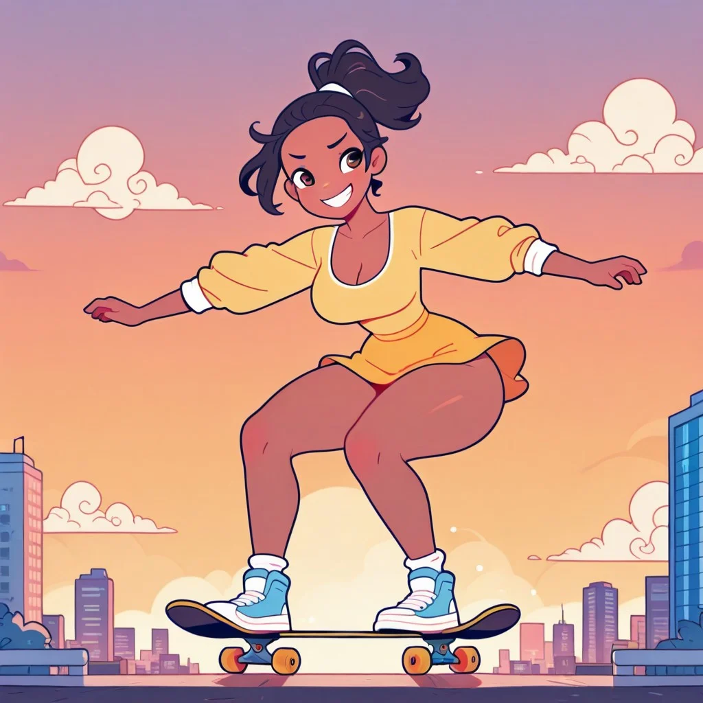 masterpiece,best quality,amazing quality,
Flatline, Flat vector illustration,
tianaxd, dark skin, dark-skinned female, black hair, brown eyes,yellow shirt, ponytail, long sleeves, yellow skirt,
girl skateboarding, big breasts, cleavage, slim waist, wide hips, round butt, thicc, thick thighs, mischievous expression, mischievous grin, facing viewer, retrofuturistic city, cirrus clouds, sunset, windy,