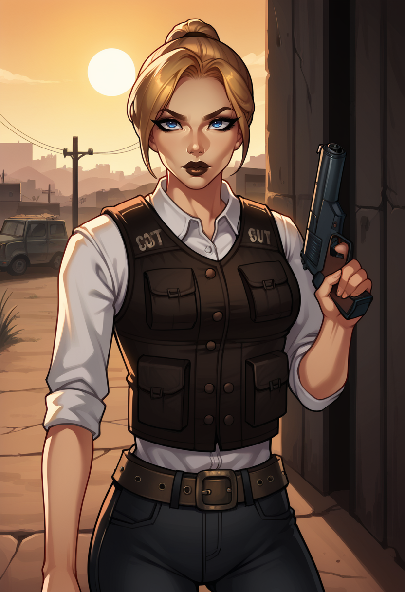 score_9, score_8_up, score_7_up, 1girl, solo, cowboy shot, upper body, ourdoors, wasteland, dynamic lighting, ruined city, sun, godrays, holding, weapon, handgun, aiming, dynamic angle,
<lora:Rain_Qin:0.7> RainQin, ponytail, short hair, blonde hair, lips, makeup, lipstick, brown lips, blue eyes,  <lora:Joshua_Graham_OutfitCharacter_-_Fallout_New_Vegas:0.6> bulletproof vest, white shirt, pants, belt,  <lora:Enia_-_Artist_style_model_by_SulfurSniffer:0.8> ss-3n1a,