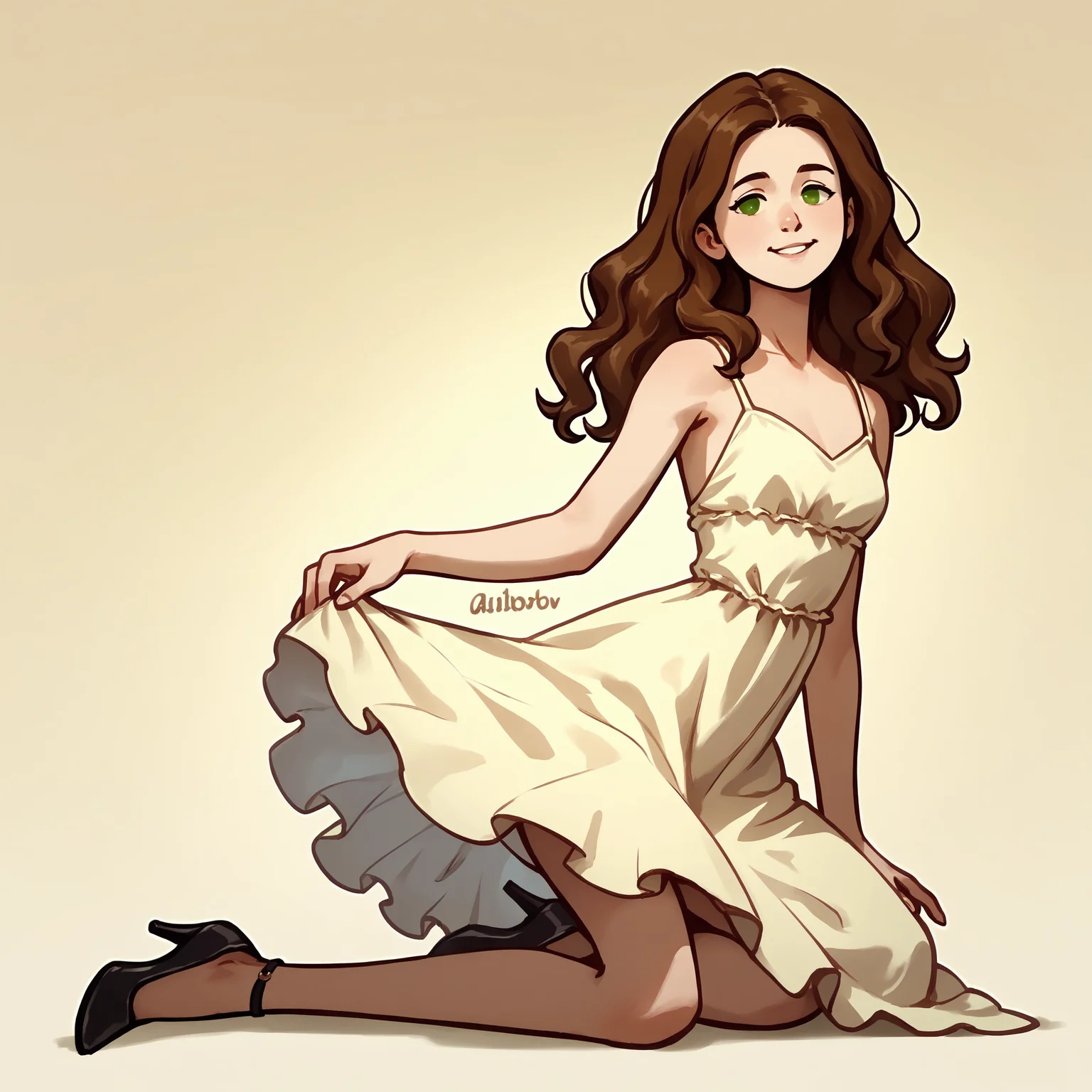 score_9, score_8_up, score_7_up, score_6_up, score_5_up, 1girl, solo, full body,
(source_cartoon),
<lora:Abigail (Storybooth):0.85>
Abigail_Storybooth, wavy hair, brown hair, green eyes, dot eyes,
dress, high heels,
detailed background,
<lora:Expressive_H:0.7> Expressiveh,
<lora:add-detail-xl:0.9>
<lora:light:1> neolight