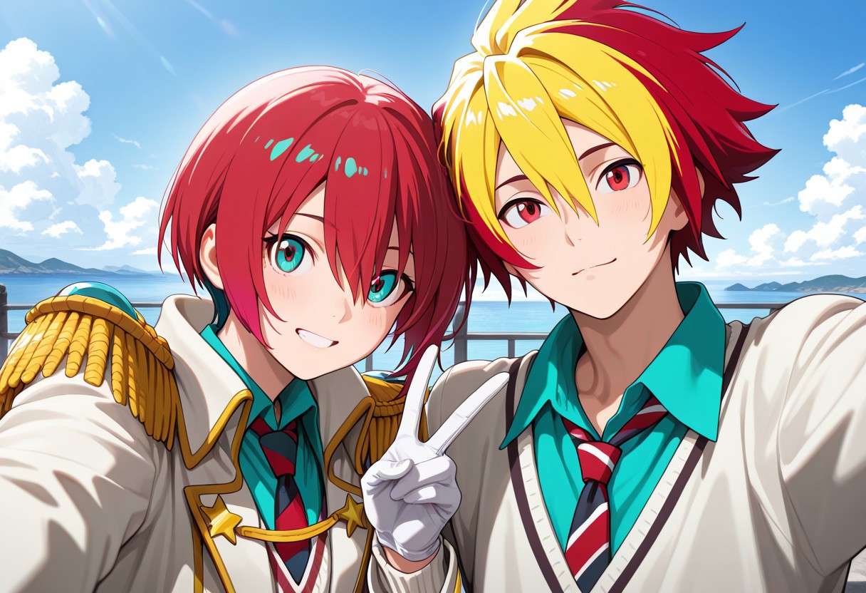 masterpiece, best quality, amazing quality, absurdres, newest, detailed background, definition so sharp, Ultra-HD, 8K cinematic, very awa, impressionate, amazing quality, highres, 
duo, couple focus, different high, different size, side by side, v, selfie, upper body, day, blue sky, outdoor, 
BREAK
1boy, kagayakibishounen, takuto_red eyes, takuto,red hair, short hair, takuto_gingabishounen, two-toned hair, dyed bangs, coat, ascot, epaulettes, aiguilette, star (symbol), gloves, 
BREAK
1girl, amate yuzuriha,aqua shirt,striped necktie,white sweater,