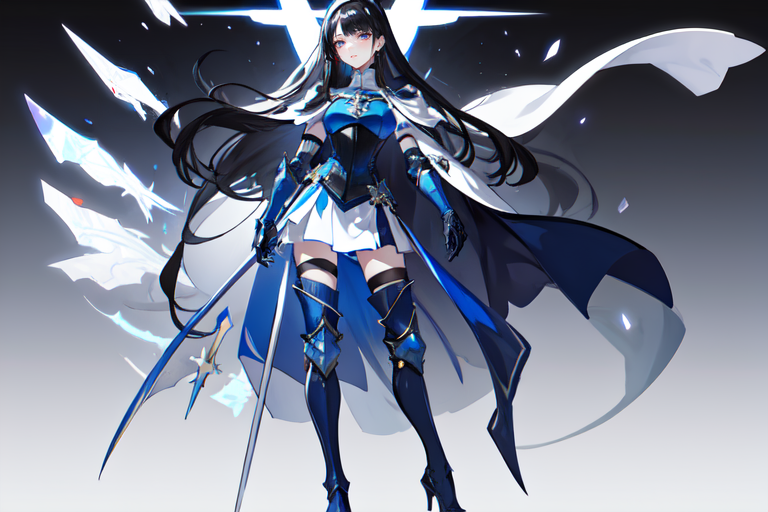 highly insanely detailed, masterpiece, top quality, best quality, highres, 4k, 8k, RAW photo, (very aesthetic, beautiful and aesthetic),  
beth_\(megami_tensei\),bethsmtii,shin megami tensei ii,long hair,black hair,straight hair,sleek black,jewelry,cross,headband,red_lipstick,Blue_dress,armored_corset,blue shirt,white cape,cape_with_messian_symbol,Religious_cape,messian_symbol_cape,holy_knight_cape,armored_pads,armored_gloves,knee_pads,armored boots,white footwear,breastplate,long white gloves,heeled_boots,armored_heels,elbow gloves,elbow pads,thigh boots, 
<lora:zs_Beth:0.3>, 
(1girl:1.3), 1other, 
underground facility,a colorful background,(colored digital glitch background,gradient background),âââ