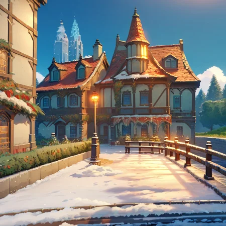 score_9, score_8_up, score_7_up, score_6_up, score_5_up, score_4_up, source_anime, official art, <lora:mondstadt_background-ponyxl-v11h:1>, <lora:snowXLP:1>, city, snow, outdoors, mondstadt, scenery, architecture, outdoors, building, cityscape, house, sky, blue sky, tree, plant, road, bush, railing, lamppost, It is snowy, snow on the ground, snow on the buildings,