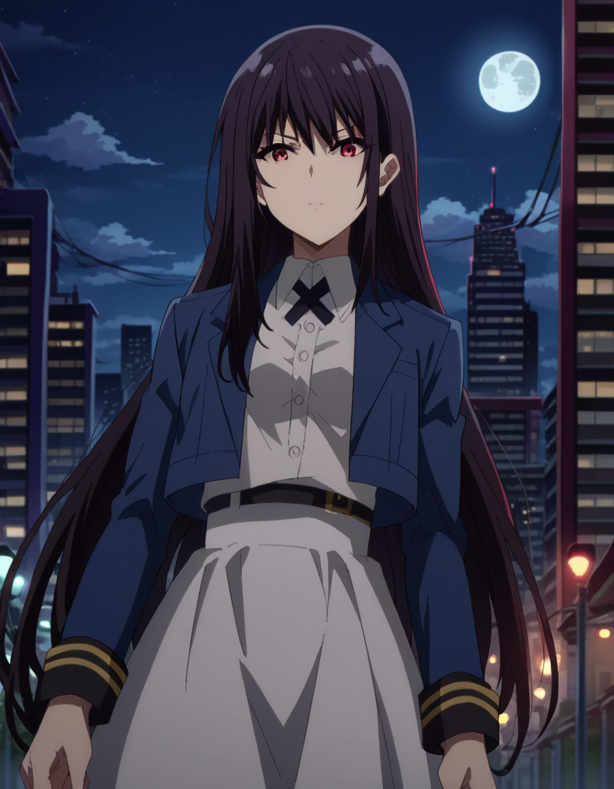 score_9, score_8_up, score_7_up, source_anime,
clairekagenou, <lora:claire-kagenou-ponyxl-lora-nochekaiser:1>,
claire kagenou, long hair, black hair, red eyes,
shirt, jacket, blazer, skirt, white skirt,
outdoors, cityscape, night, moon,
looking at viewer, dutch angle,