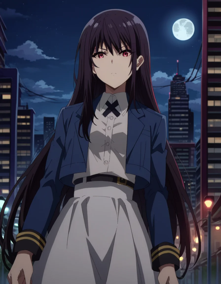 score_9, score_8_up, score_7_up, source_anime,
clairekagenou, <lora:claire-kagenou-ponyxl-lora-nochekaiser:1>,
claire kagenou, long hair, black hair, red eyes,
shirt, jacket, blazer, skirt, white skirt,
outdoors, cityscape, night, moon,
looking at viewer, dutch angle,
