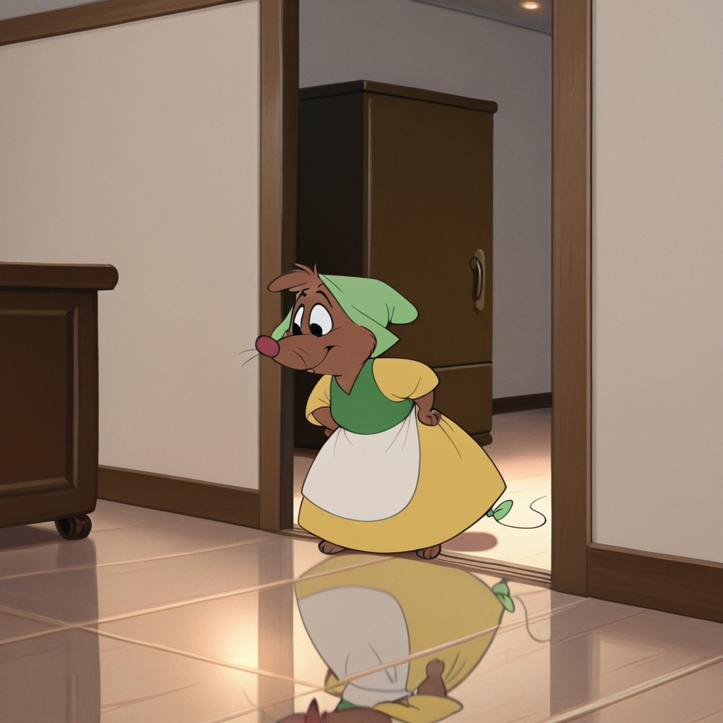 masterpiece, best quality, amazing quality, Cindermiceil, semi-anthro, female,  mouse_girl, brown fur, black eyes, whiskers, yellow dress, green hat, green tailbow, white apron, fat, standing, inside, hand on hips,, <lora:8cd63573-bfab-4d45-8843-1764db4427c5:1.0>