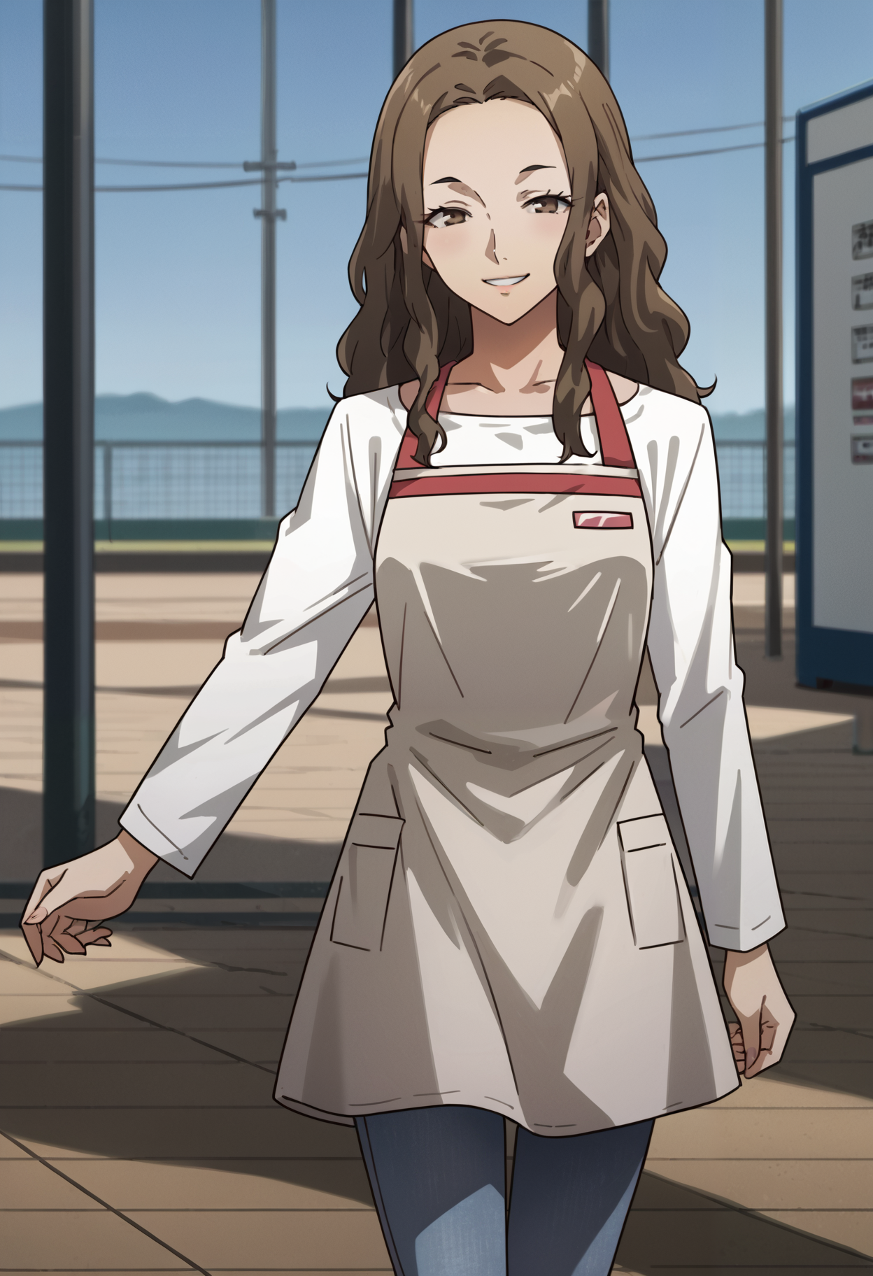 score_9, score_8_up, source_anime
1 girl, solo,
p4konishi, brown hair, long hair, wavy hair, brown eyes,
p4konishi-apron, apron, pants, jeans, white shirt, long sleeves, name tag, 
outside, food court, terrace, standing, smile, looking at viewer, cowboy shot,
masterpiece, best quality, ultra detailed,