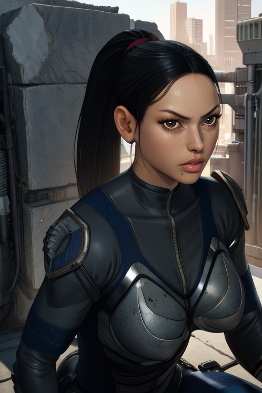 faye,  ponytail, lips, black hair,  brown eyes, 
black body suit, armor,   sitting, 
 looking at viewer,   solo,  upper body,  
city, futuristic,  serious, 
 (insanely detailed, beautiful detailed face, masterpiece, best quality),
 <lora:faye:0.8>