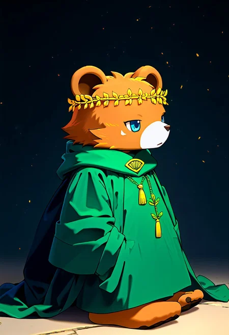 nem (arukemo main character), bear, furry, cape of nem, robe of nem, green headwear of nem, solo, full body, score_9, score_8_up, score_7_up, zPDXL3, zuppu11, flx$tyl3, blue eyes, sitting