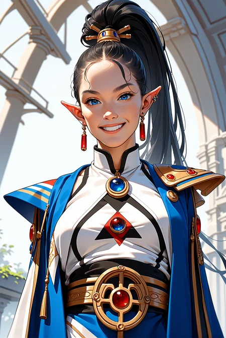 score_9, score_8_up, score_7_up, score_6_up, score_5_up, score_4_up, <lora:aeldari_Pony_2:1> aeldari, asuryani, seer, aeldari's shoulder armor, 1girl, solo, long ponytail with shaved temples hair, looking at viewer, A sly and malicious grin, blue eyes, black hair, ponytail with shaved temples, medium breasts, pointy ears, piercing, elf, from below