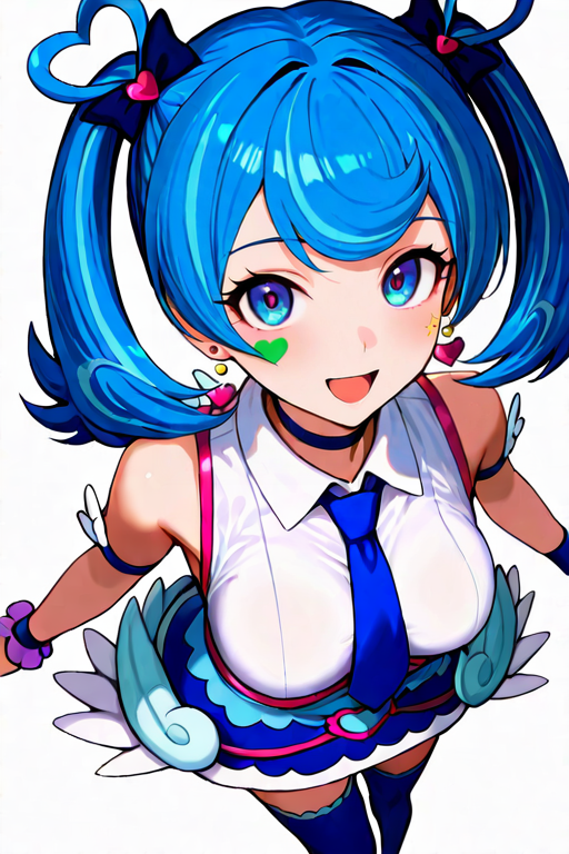 masterpiece, High quality, Ultra detailed, 2d, newest, absurdres, highres, BREAK
1girl, solo, <lora:blue_angel:0.8>, angel_blue, twintails, blue hair, blue eyes, heart, heart earrings, facial tattoo, choker, 
medium breasts, aoidef, sleeveless shirt, blue necktie, jewelry, wristband, skirt, wings, blue thighhighs, zettai ryouiki, 
looking at viewer, smile, from above, open mouth,