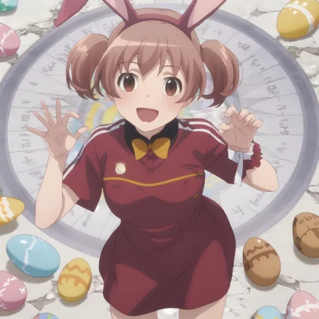 (score_9, score_8_up, score_7_up), 1girl, solo, bright easter day, see-through bunny attire, easter egg, silk wrist ribbons, collar, easter, egg, basket, cute bunny, dynamic angle, detailed background, playful pose with egg, delighted face, sunny lighting, pastel-colored spring background, Chiho, Chiho, short hair, brown hair, short twintails, brown eyes, employee uniform, skirt,