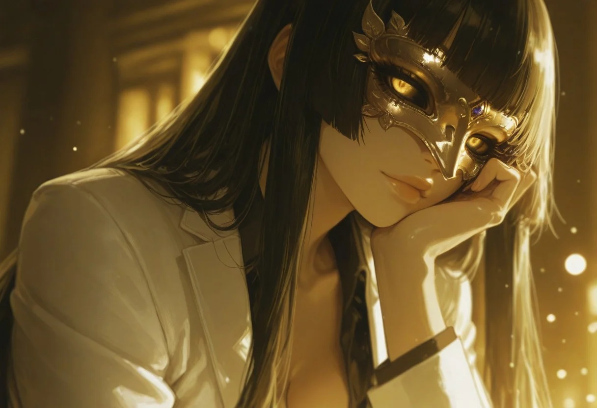 masterpiece, best quality, amazing quality, very aesthetic, newest,
1girl, solo, nyotengu \(doa\),
bold composition, hair pulled back, long hair, cleavage, plump lips, straight hair, side locks, hime cut, office uniform, white suit, seductive, bust up, entire face covered by a golden mask, covered face, Golden Mask, Golden jewelry, voluptuous body, detailed eyes, detailed pupils, head rest on arm, yellow eyes, eyelashes, floating hair, glowing, wavy hair, portrait, light particles, glowing eyes, colored sclera, black sclera, yellow theme,
<lora:ppw_v7_animv4_1_r2:0.6>  <lora:illustrious_all_rated_v1:0.6>
BREAK
Blackholes , Moody lighting, blurry,
<lora:69yottea_illu_v2:0.4> 69yottea_style_illu
<lora:748cm_illu:0.6> 7481llu